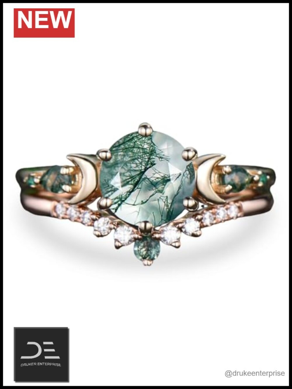 Bridal Ring Set 10K 14K 18K Rose Gold Sterling Silver Natural Moss Agate 2CT